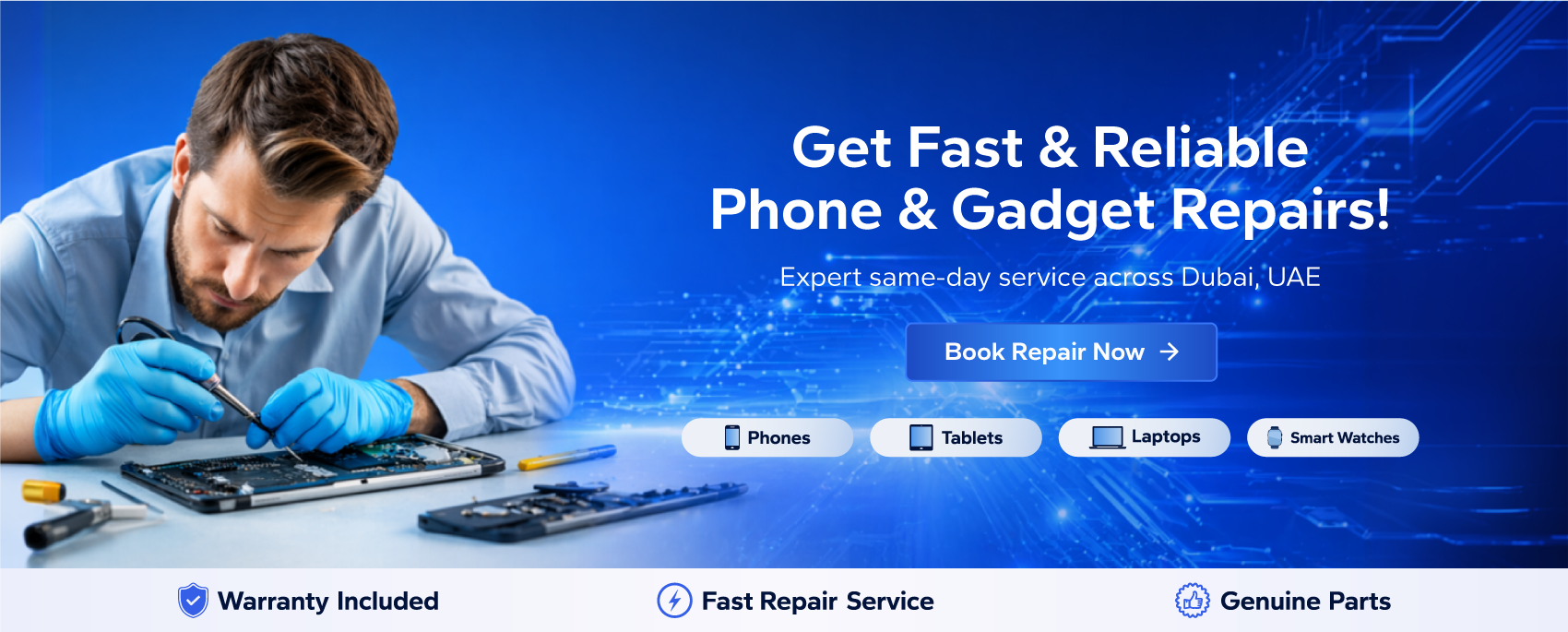 repairing a phone with text about fast and reliable phone and gadget repairs.